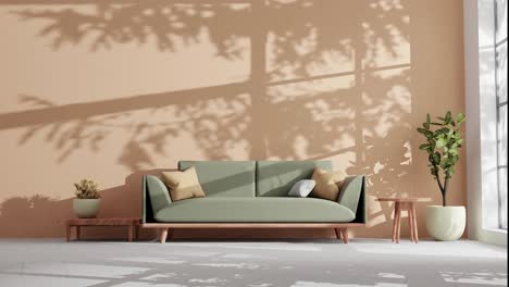 Modernes-Wohnzimmer-In-Einer-Wohnung-Mit-Couch-Und-Schatten-Von-Baumblättern,-Die-Sich-Durch-Eine-Sanfte-Sommerbrise-Auf-Der-Sandbraunen-Wand-Bewegen-Und-Eine-Animation-Rendern