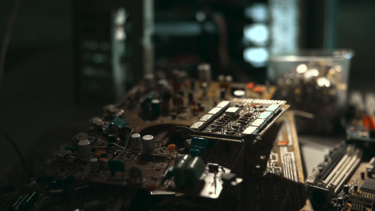 Closeup Circuit Board With Soldered Components And Electronic Parts, Shallow Focus On Microchip