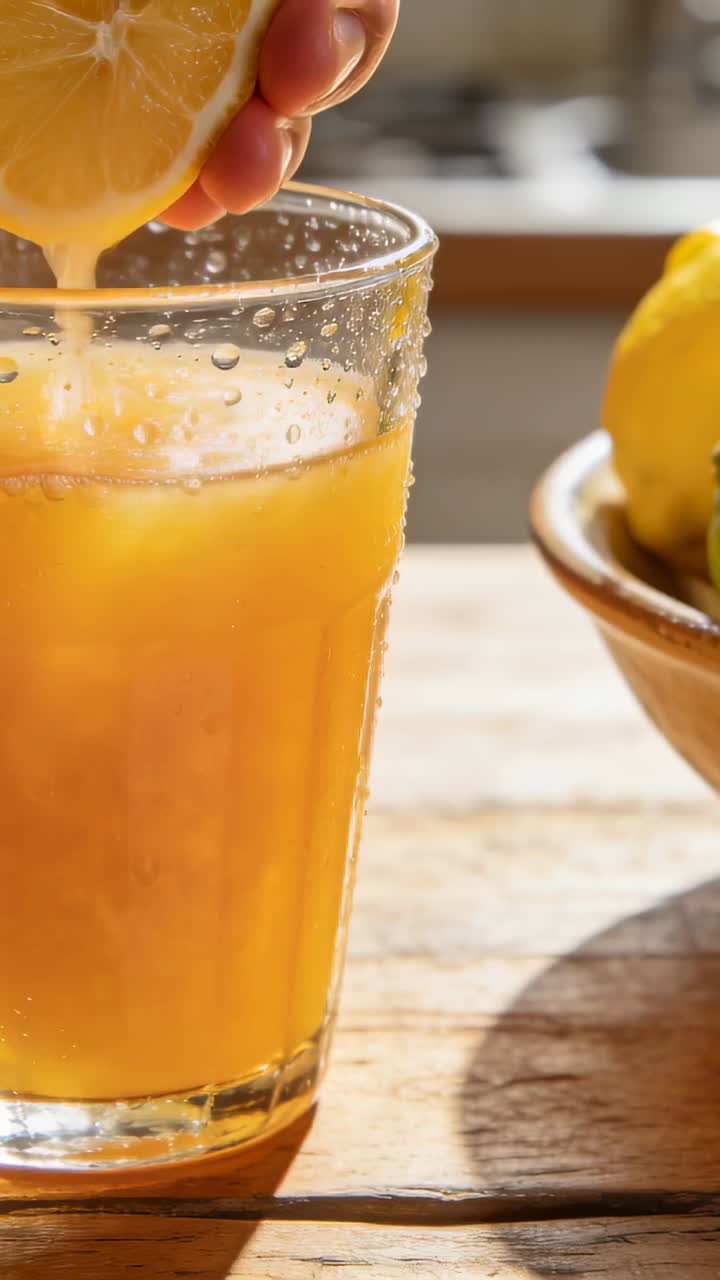 Una mano che entra e spreme mezzo limone sopra un bicchiere su un tavolo di legno, creando goccioline per pubblicità alimentari