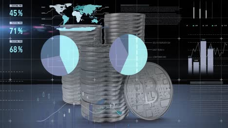 animación del procesamiento de datos financieros sobre pilas de bitcoins