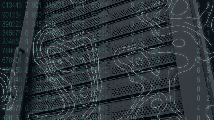 Animation of data processing and map of lines over server room