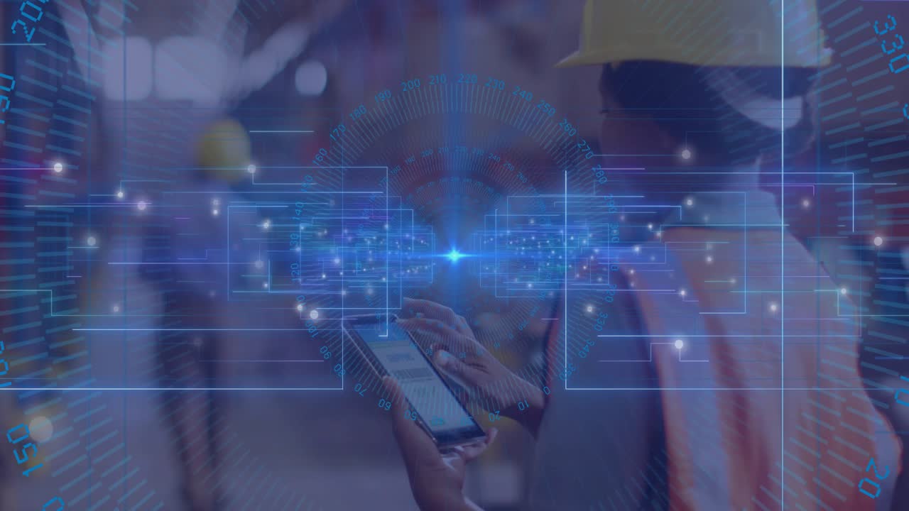 Warehouse worker scrolling smartphone with pulsing network, scanning area as coworker walking by