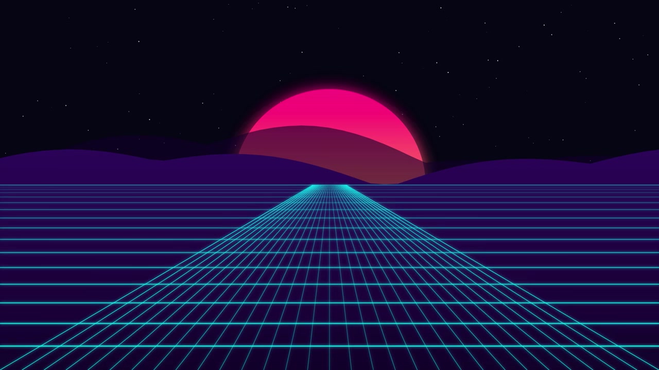 Retro Synthwave Style Grid Landscape with Glowing Sun