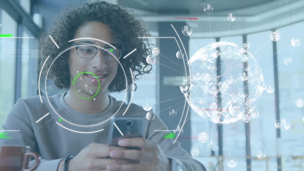animación del globo y procesamiento de datos sobre hombres biraciales que usan teléfonos inteligentes