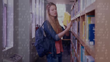 Durchstöbern-Von-Büchern-In-Der-Bibliothek,-Frau-Mit-Binärem-Code-Animations-Overlay