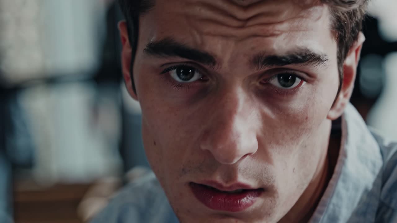Video ravvicinato di un uomo pensieroso con un'espressione seria, ripreso all'altezza degli occhi