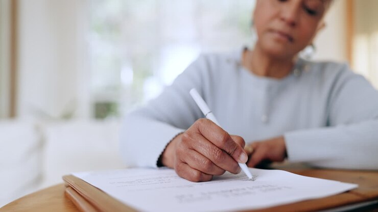Woman, writing and documents for life insurance