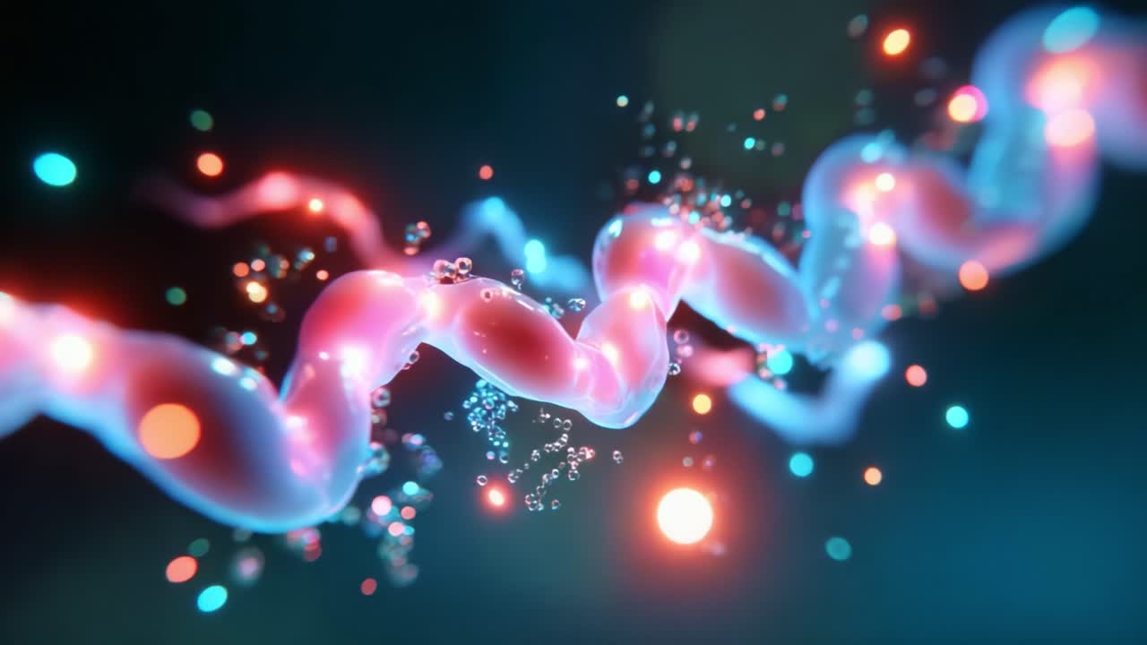 An abstract representation of molecular structures showcased in a vibrant and dynamic animation, highlighting the interplay of various colors, light effects, and fluid-like shapes, evoking a sense of movement and depth
