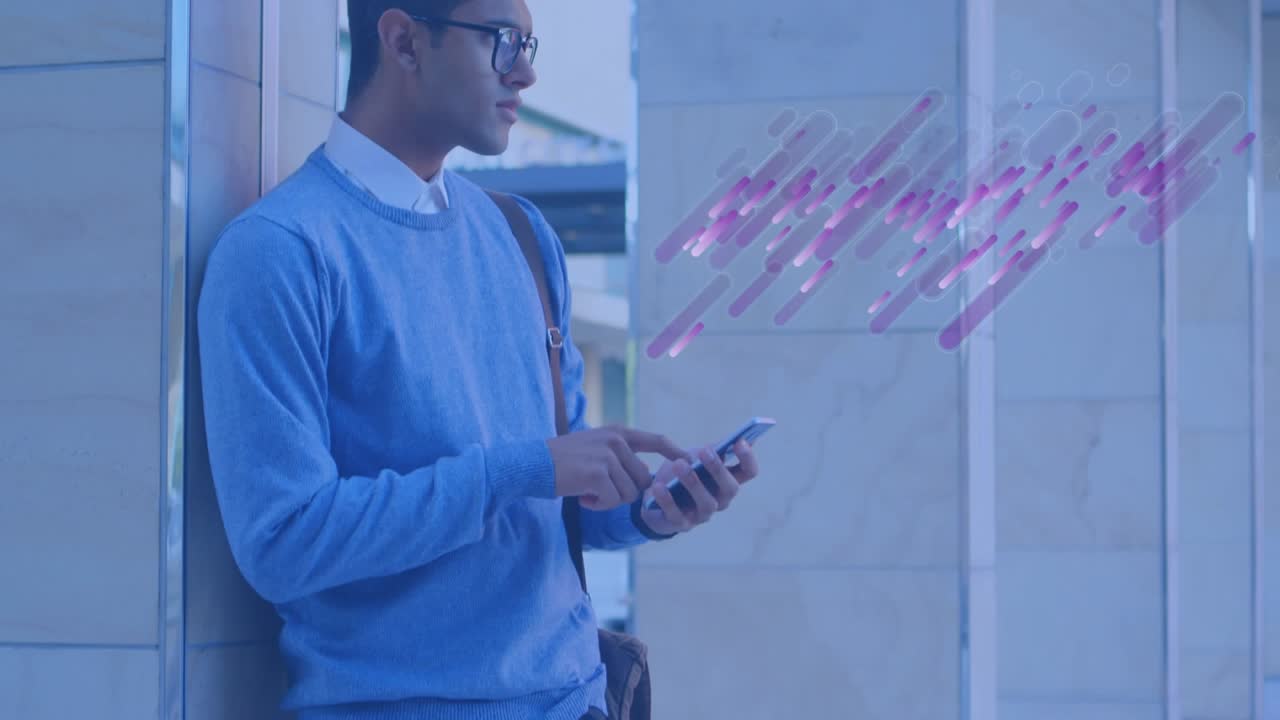 Animation of purple abstract patterns over businessman using cellphone