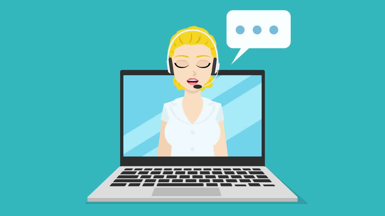 Tegneseriestil, farverig animation af kundeservice support. Glad blond kvinde med hovedtelefoner taler på en bærbar skærm. Animationen er i en let redigerbar loop