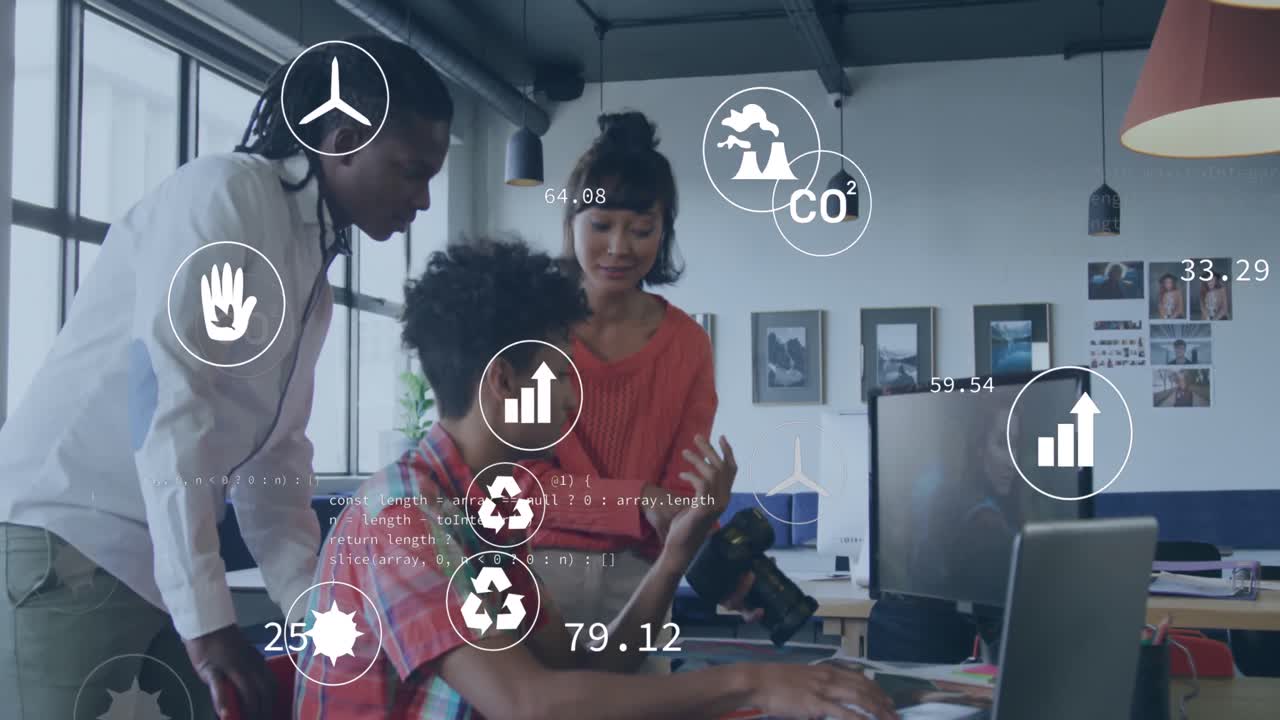 Animation of multiple icons, computer language over diverse coworkers discussing on desk in office