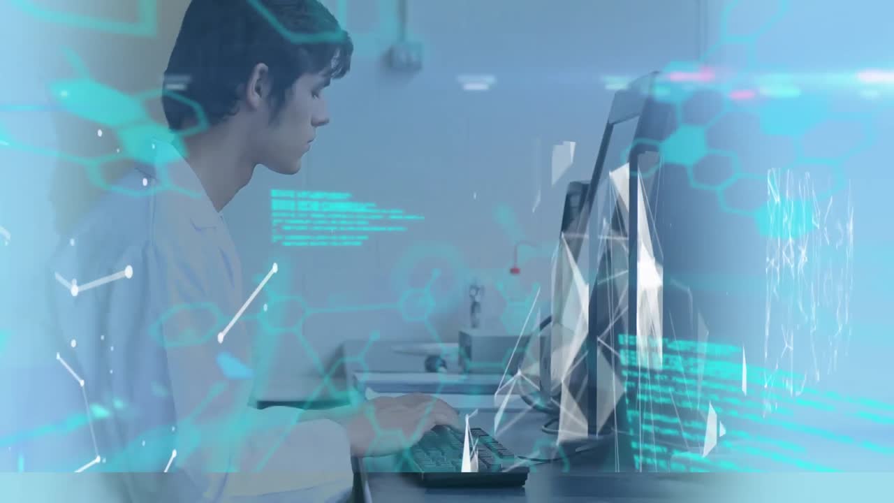 컴퓨터를 사용하는 남성 백인 의료 종사자에 대한 의료 데이터 처리의 디지털 컴포트 비디오