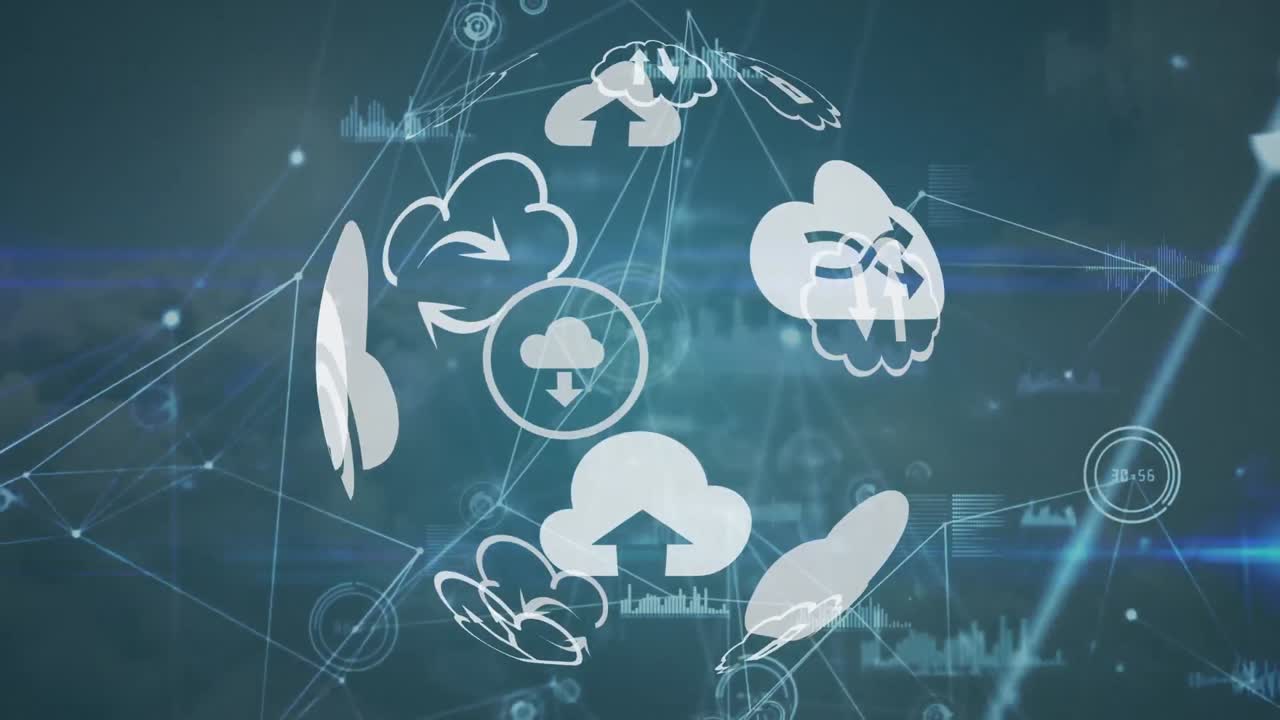 Animation of network of connections and icons over sky with clouds