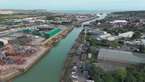 river ouse pouring into english channel sea, newhaven united kingdom, aerial