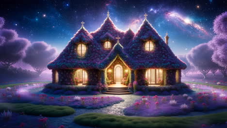 enchanted fantasy cottage under a starry galaxy sky