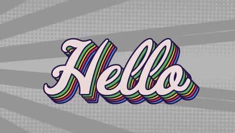 animación digital del texto de saludo con efecto de sombra de arco iris contra un fondo radial gris