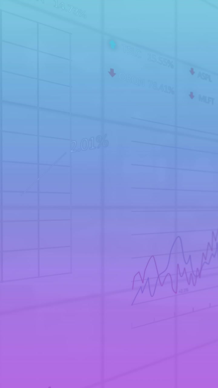Animation of trading boards and graphs over grid pattern against gradient background