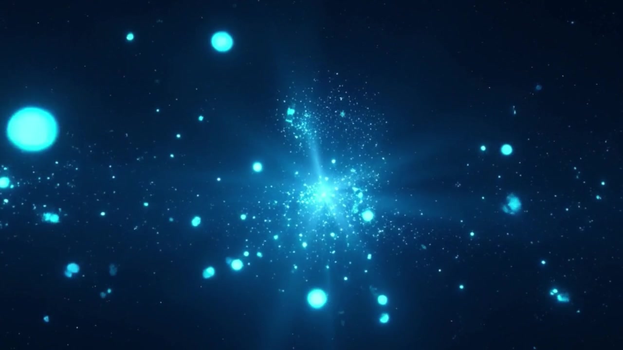 Sfondo animato astratto con particelle blu luminose e bagliori di luce