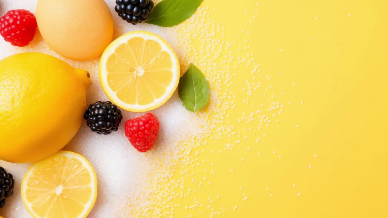Sliced and whole lemons, raspberries, blackberries and sugar crystals are lying on a vibrant yellow surface, creating a visually appealing arrangement with copy space