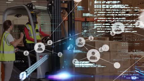 animación de conexiones y procesamiento de datos sobre personas que trabajan en el almacén.