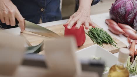 Midsection-of-senior-caucasian-woman-chopping-red-pepper-in-kitchen,-slow-motion