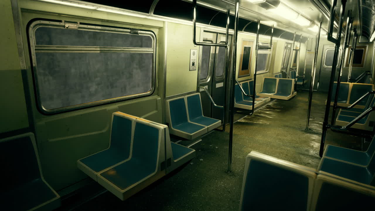 Abandoned subway train interior with empty seats and wet floor at night