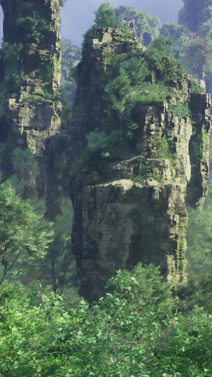 Majestic rock formations surrounded by lush greenery in a tranquil landscape