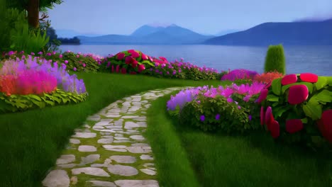 paisaje floral del jardín junto al lago