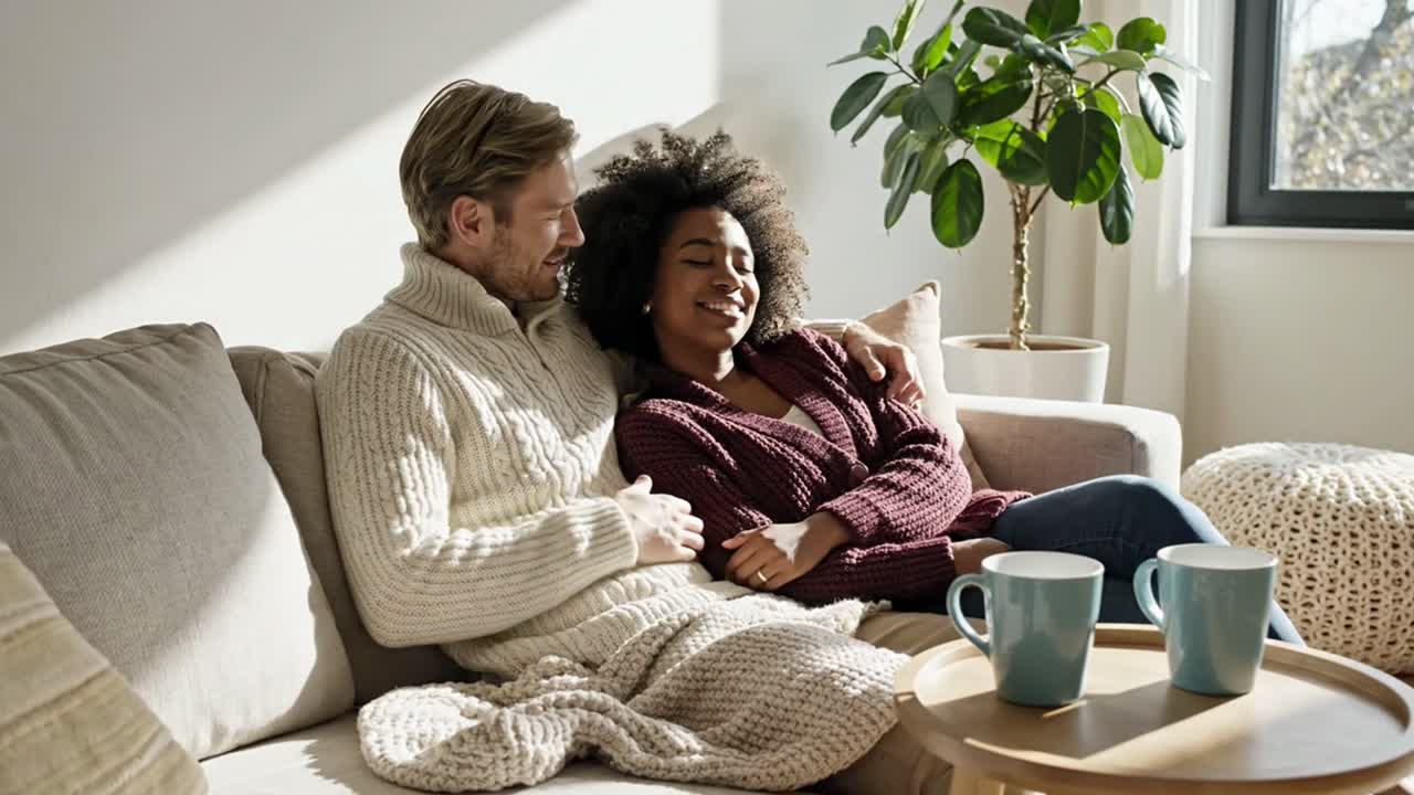 Coppia interrazziale che si rilassa sul divano gustando il caffè del mattino