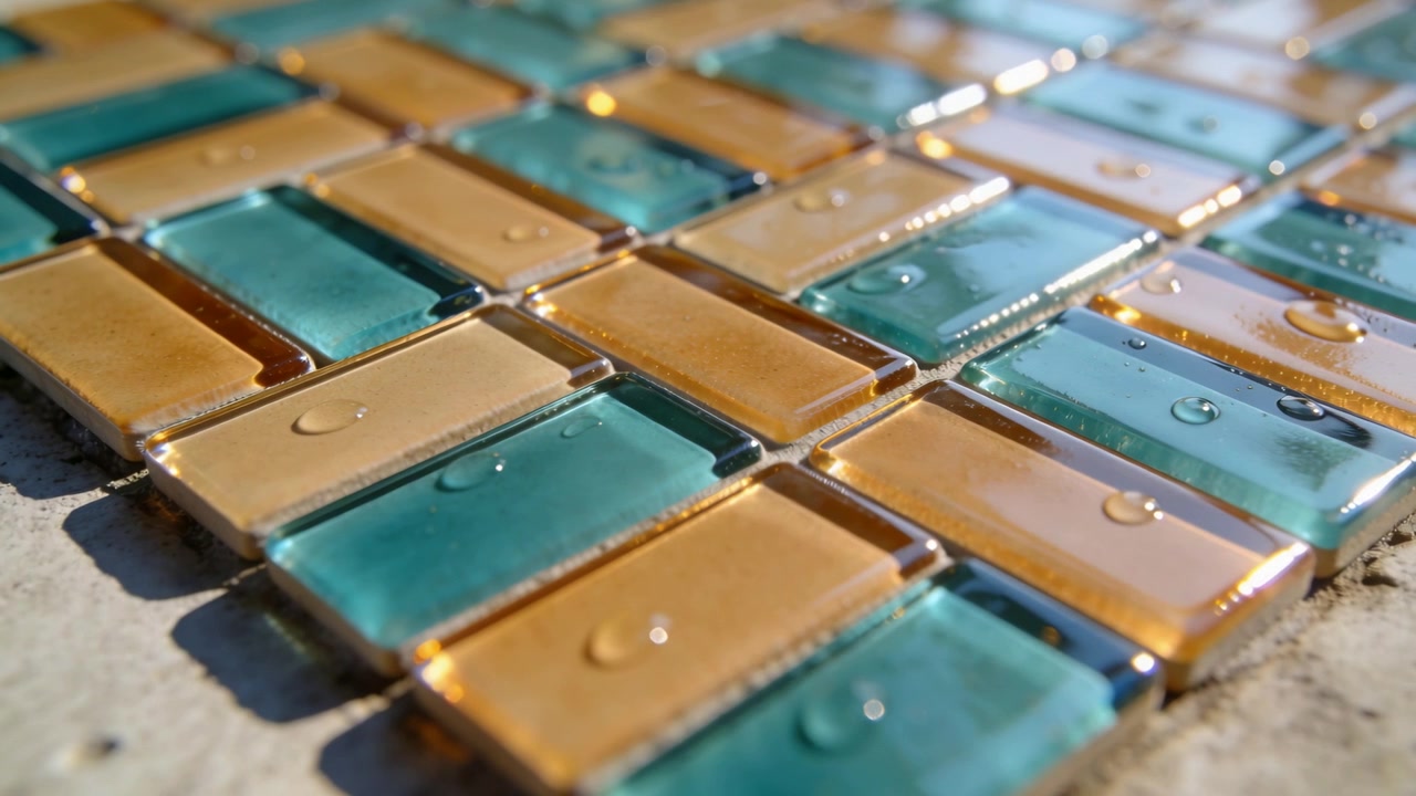 Camera recording close-up of rectangular glass mosaic tiles on cement, droplets reflecting sunlight