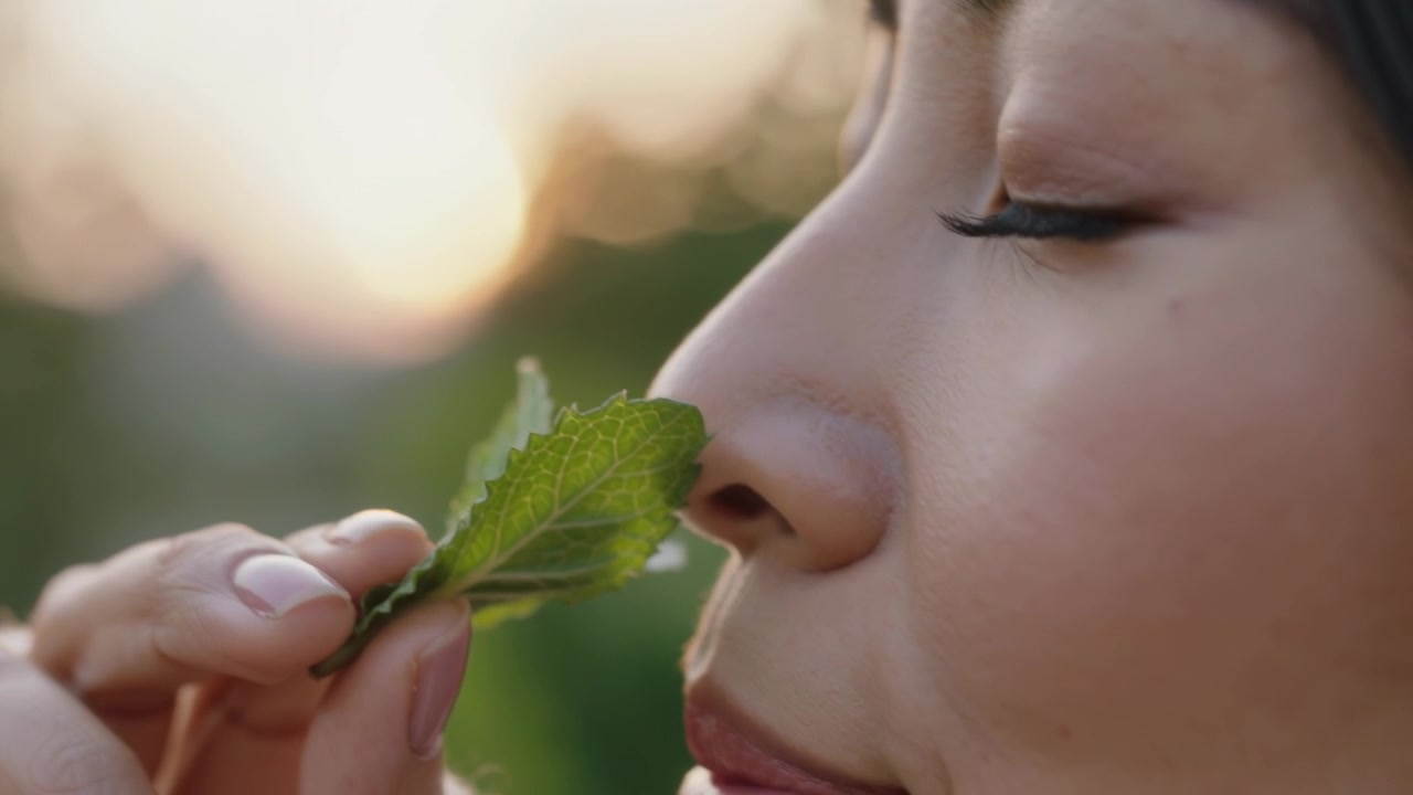 Donna che tiene una foglia vicino al naso, inalando il profumo e trovando calma in giardino, indossando una manica a maglia, con spazio per il testo.
