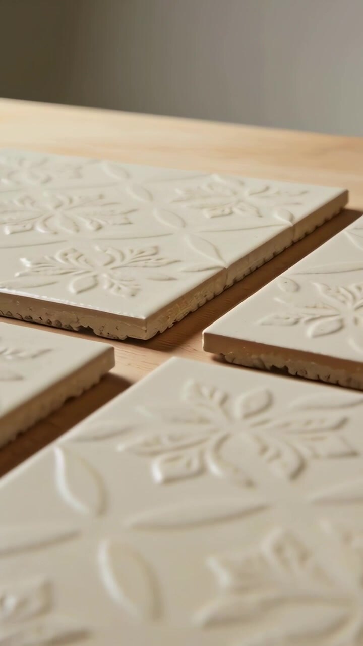 Vertical video: Starting high, camera moving closer, showing embossing on four cream tiles on wood