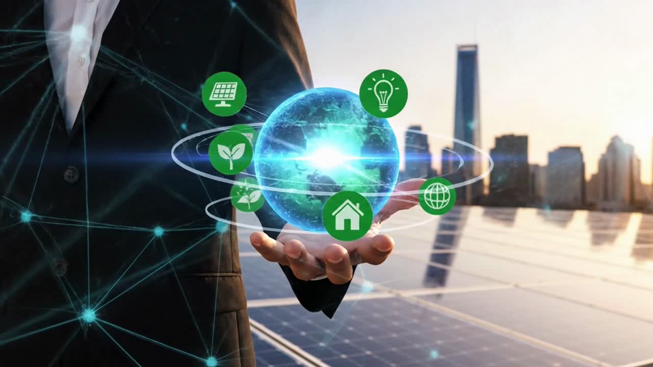 Businessman holding a virtual globe with environmental conservation icons