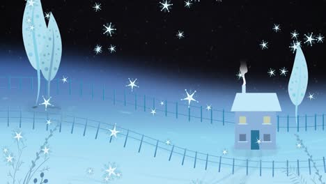 Digital-animation-of-stars-falling-against-trees-and-house-on-winter-landscape