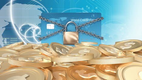 animation of credit card with padlock and chain over world map and stack of euro coins