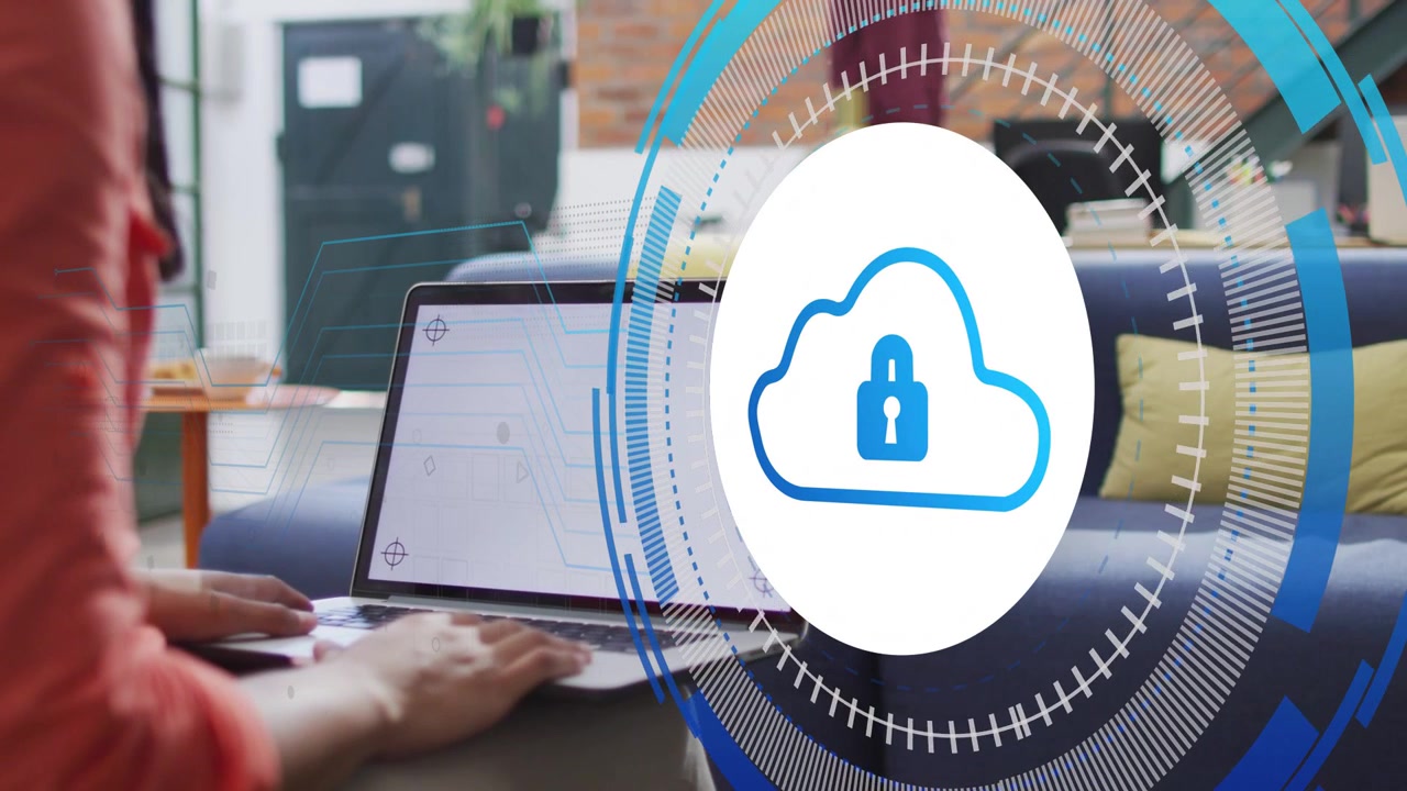 Woman typing laptop, cloud-lock growing rotating overlaying screen hiding coworker showing security