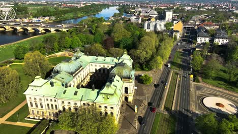 aerial of dresden old town and japanisches palais, japanese palace in germany