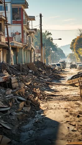 destruction in a city following an earthquake, with debris everywhere
