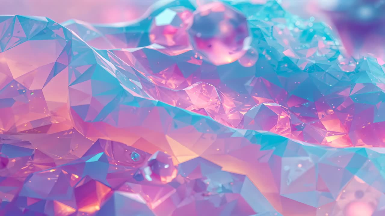 Panning camera over low poly faceted surface in pastel space revealing floating translucent spheres