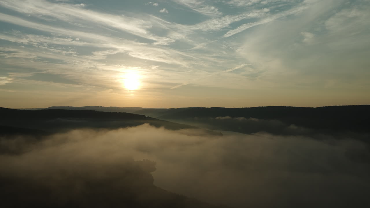 Scenic Sunrise At Lake Fort Smith In AR, USA - aerial drone shot