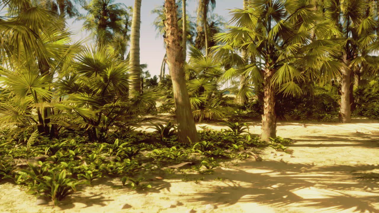 Tropical landscape with palm trees and lush vegetation on a sunny day