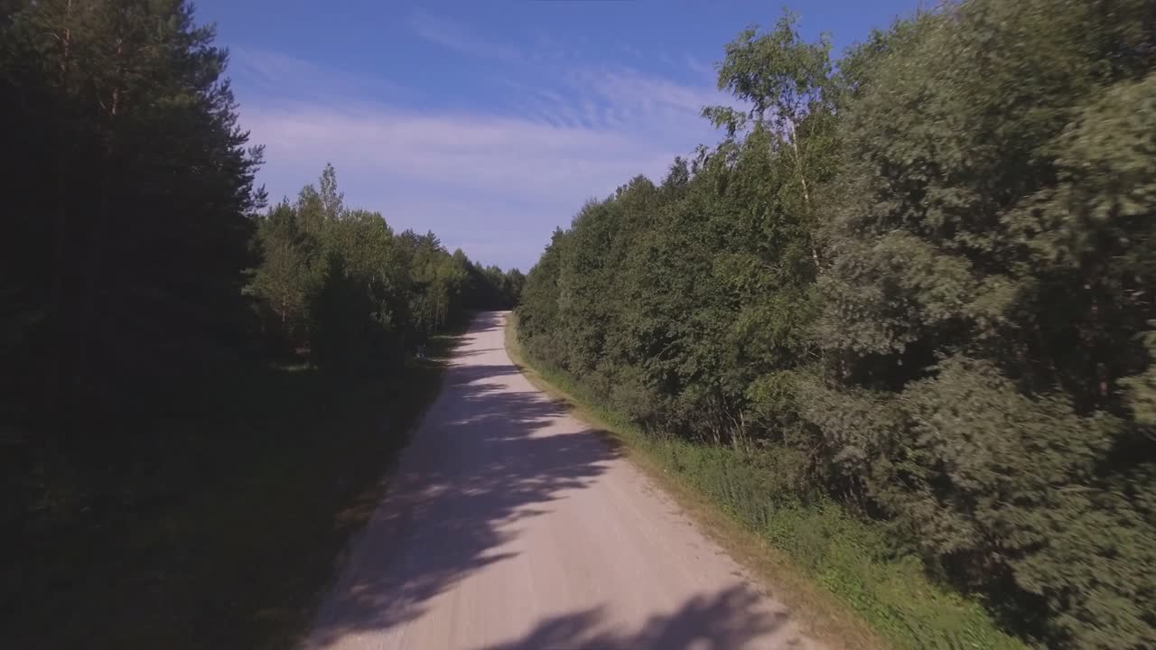 The Rustic Gravel Road Leads Through The Forest On A Sunny Summer Day. Aerial Flying Forward And Lift-Up