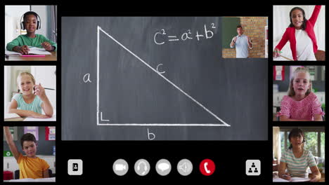 animation of interface screen with chalkboard, teacher and six diverse children in online lesson