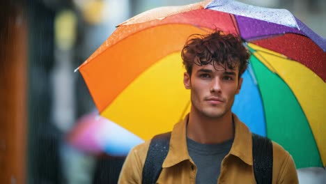 stylish young man protecting himself from rain, walking confidently through urban landscape with vibrant multicolored umbrella during gloomy autumn day