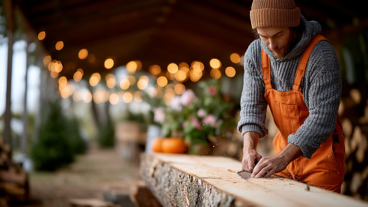 Crafting wood in a cozy workshop setting. A skilled artisan shapes a wooden beam in a warm, inviting workshop adorned with lights and plants