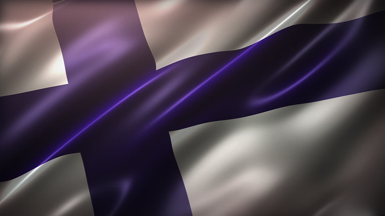 The Flag of Finland, high-angle, perspective view, cinematic look and feel, realistic CG animation, seamless loop-able, glossy, slow-motion wavering, elegant silky texture waving
