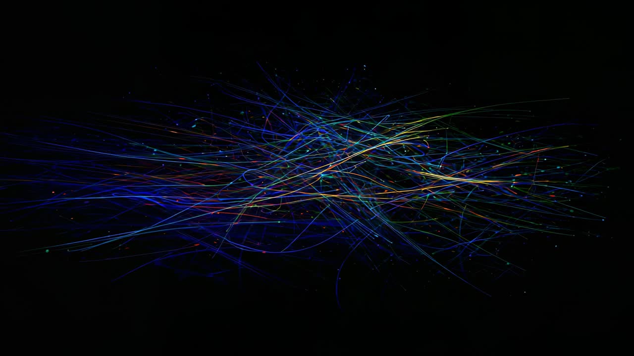 Frame sequence starting tangled neon streak cluster evolving on dark void, with sparks brightening