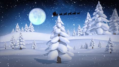 Animation-of-santa-claus-in-sleigh-with-reindeer-over-winter-scenery-with-snow-falling