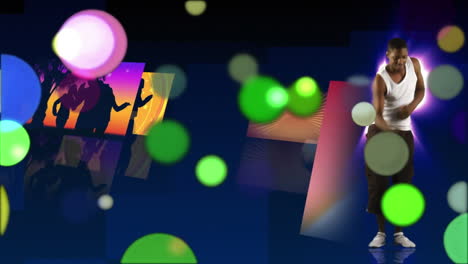 manchas móviles de luz de color con hombre bailando y pantallas