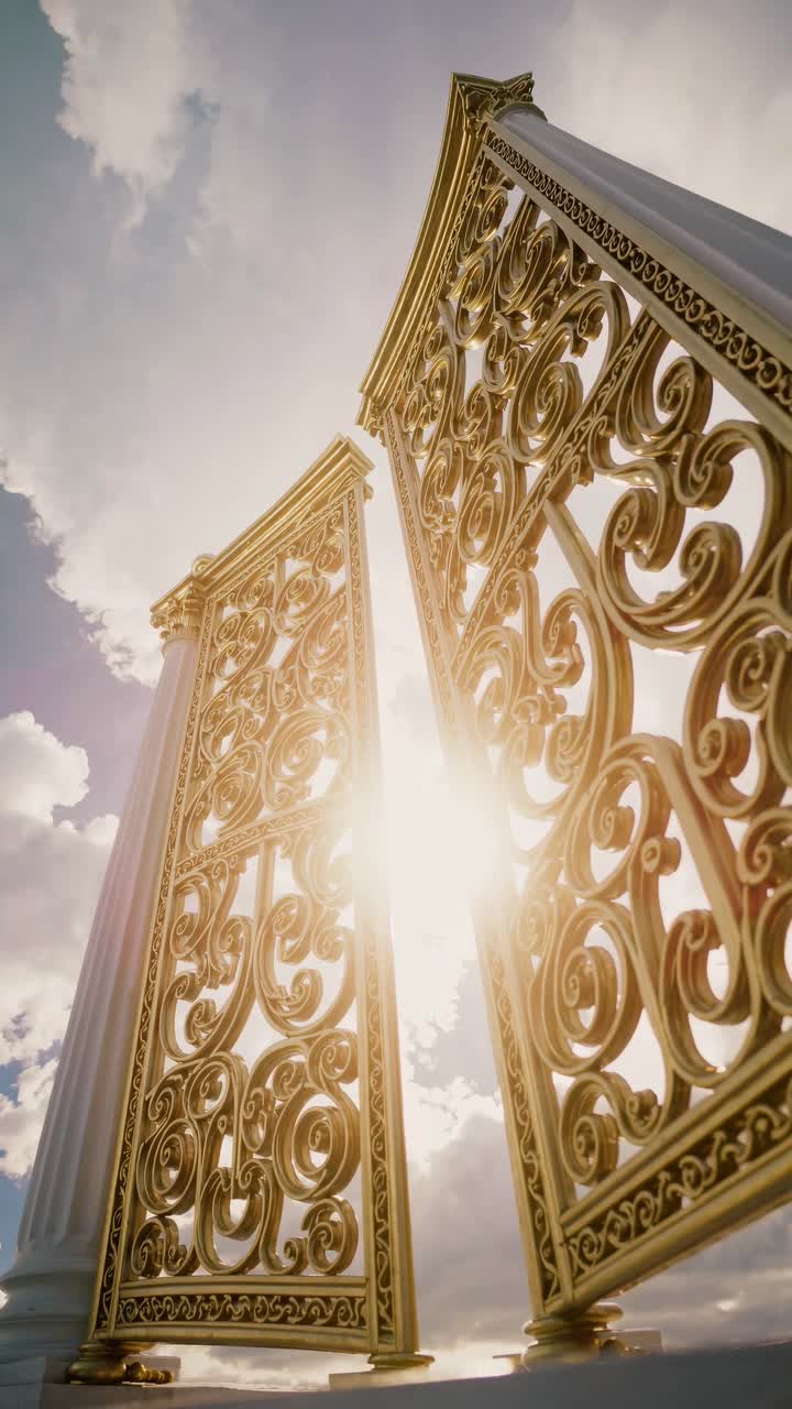 Low-angle shot of ornate golden gates against a cloudy sky, capturing a divine, majestic concept